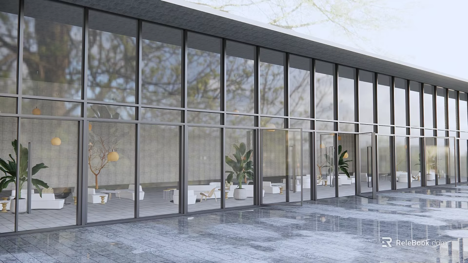 Modern Swing Door Design In Interior Space With Glass Panels And Metal Frames 3d model 