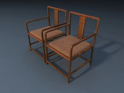 Two Wooden Frame Leisure Chairs With Woven Seats And Geometric Back Design 3d model