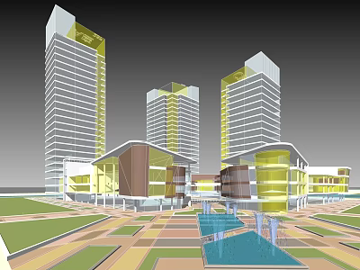 Modern Commercial Complex With High Rise Buildings Low Rise Structures Plaza Water Feature Green Spaces 3d model