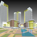 Modern Commercial Complex With High Rise Buildings Low Rise Structures Plaza Water Feature Green Spaces