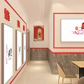 Modern Restaurant Interior With Marble Counter Red Pendant Lights Dining Tables And Chairs
