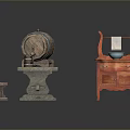 Vintage Furniture Featuring Stone Table Wooden Barrel Small Stool Red Cabinet With Blue Basin Shelf