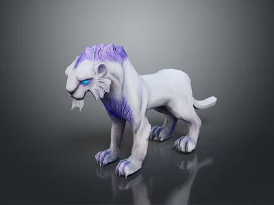 White Lion with Purple Mane and Blue Eyes 3D Render Standing on Dark Surface 3d model