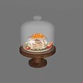 Pancake Stack with Mango Slices Blueberries Strawberries and Syrup Under Glass Cloche on Wooden Stand