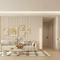 Modern Living And Dining Room Interior With Light Colored Sofa Coffee Table And Artwork