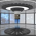 Futuristic Interior With Starry Sky Background Floor To Ceiling Windows And Central Circular Device 3d model