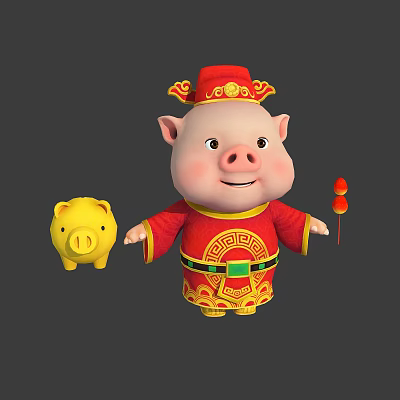 Cartoon Pig Character in Red Traditional Costume with Yellow Piggy Bank and Holding Candied Hawthorns 3d model