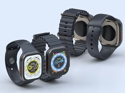 Modern Smart Watches With Black Straps And Various Functional Dial Designs 3d model
