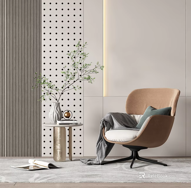 Tan Single Seater Sofa with Gray Blanket Green Cushion Side Table Against Perforated Striped Wall 3d model 