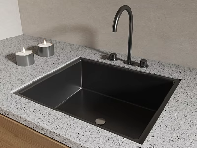 Modern Black Kitchen Sink On Speckled Countertop With Black Faucet And Silver Candles 3d model