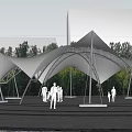 Modern Membrane Canopy With White Fabric Metal Frame Under Cloudy Sky Near Building People Gather