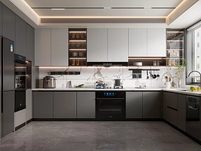 Modern Gray Kitchen Interior With Built in Appliances And Marble Countertop 3d model