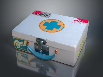 White DELUX First Aid Kit With Blue Cross Symbol Red Stains And Blue Latch 3d model