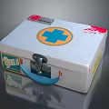 White DELUX First Aid Kit With Blue Cross Symbol Red Stains And Blue Latch