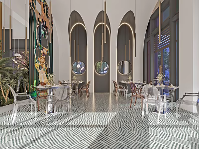 Elegant Open Restaurant With Arched Doors Pendant Lights Green Plants Geometric Floor Tiles Transparent Chairs 3d model