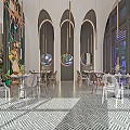 Elegant Open Restaurant With Arched Doors Pendant Lights Green Plants Geometric Floor Tiles Transparent Chairs