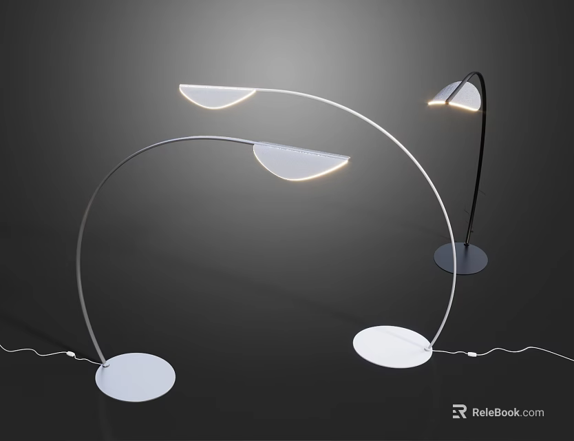 Illuminated White And Black Curved Floor Lamps With Round Bases In Dark Background 3d model 