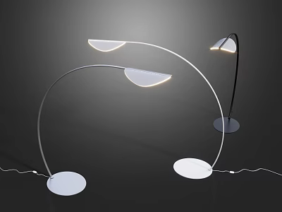 Illuminated White And Black Curved Floor Lamps With Round Bases In Dark Background 3d model