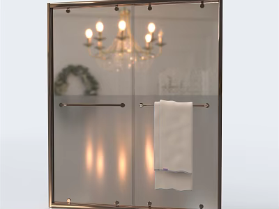 Modern Bathroom Glass Sliding Door With Towel Rack And Chandelier Reflection 3d model