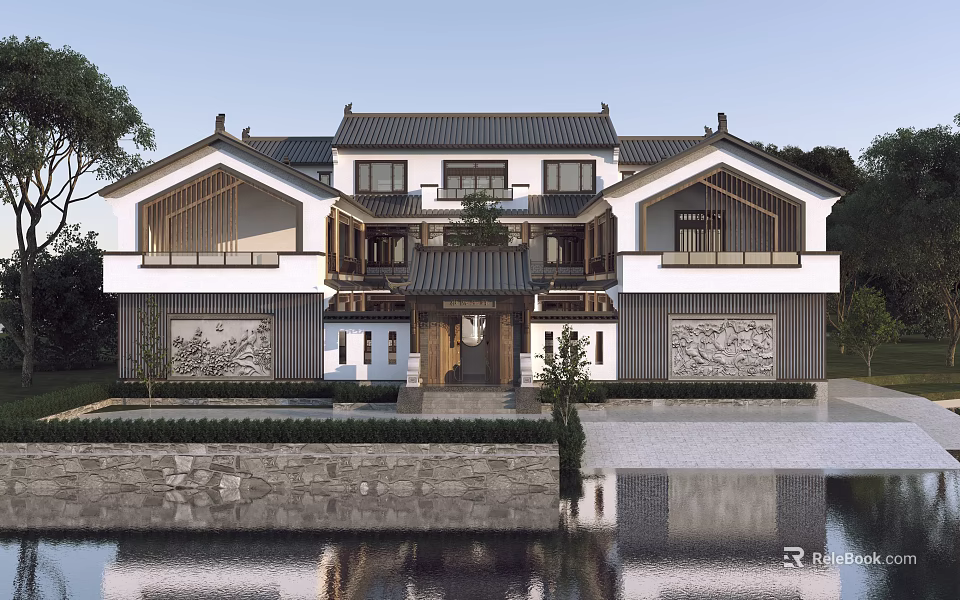 Traditional Chinese Detached Villa With Classic Roof Wooden Decor And Water Reflection 3d model 