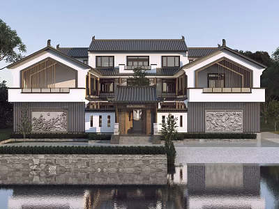 Traditional Chinese Detached Villa With Classic Roof Wooden Decor And Water Reflection 3d model