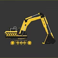 Yellow Construction Excavator With Black Bucket And Tracks In Toy Model Style With Reflection