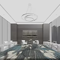 Bright Modern Hotel Public Lounge Area With White Sofas And Circular Chandelier And Patterned Carpet