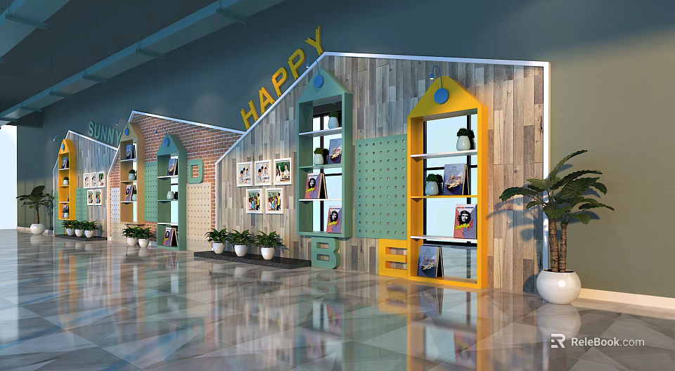 Colorful Background Wall With Happy Lettering Wooden Panels And House Shaped Windows 3d model 