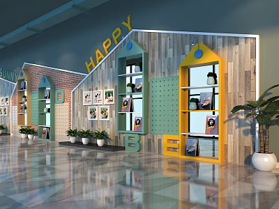 Colorful Background Wall With Happy Lettering Wooden Panels And House Shaped Windows 3d model