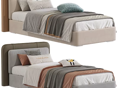 Cozy Single Bed With Upholstered Headboard Beige Gray Soft Blankets And Decorative Pillows 3d model