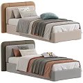 Cozy Single Bed With Upholstered Headboard Beige Gray Soft Blankets And Decorative Pillows