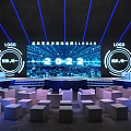 2022 Event Stage Scene With Large Screen Displaying LOGO SLOGAN Blue Lighting And Arranged Seats