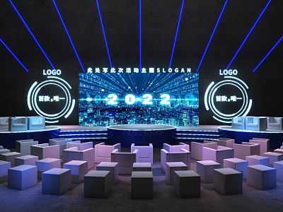 2022 Event Stage Scene With Large Screen Displaying LOGO SLOGAN Blue Lighting And Arranged Seats 3d model