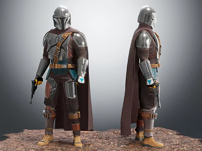 Mandalorian Character Model With Armor Cape And Weapon Standing On Sandy Ground Front Back View 3d model