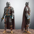 Mandalorian Character Model With Armor Cape And Weapon Standing On Sandy Ground Front Back View 3d model