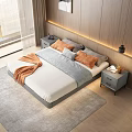 Modern Double Bed Background In Bedroom With Cozy Bedding And Decorative Elements
