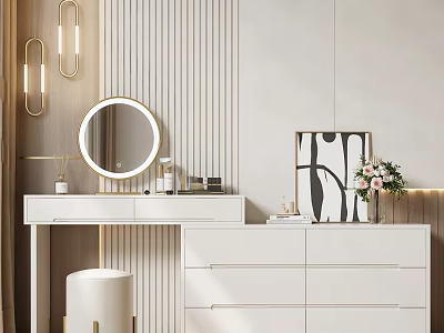 Modern Dressing Table Interior With Round Mirror White Drawers Striped Wall And Gold Accents 3d model