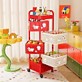 Red Multi-layer Rolling Storage Shelf with Bins for Kids Room Toys and Fruits