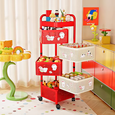 Red Multi-layer Rolling Storage Shelf with Bins for Kids Room Toys and Fruits 3d model