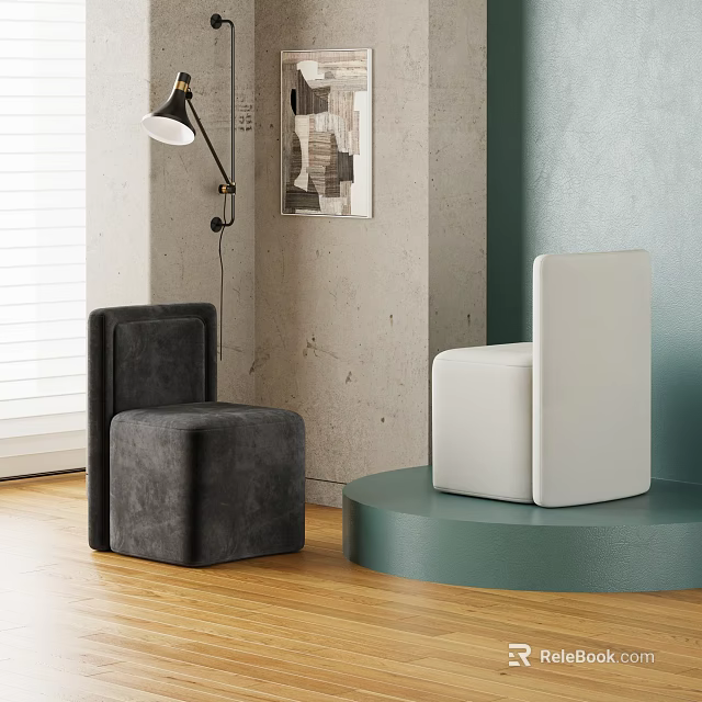 Modern Minimalist Gray and White Dining Chairs in Room with Green Wall and Wooden Floor 3d model 
