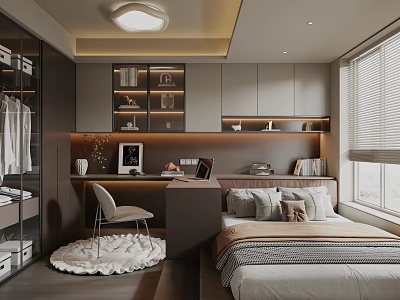 Modern Tatami Bedroom Design With Wardrobe Bookshelf Desk Chair Window And Soft Rug 3d model