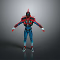 3D Character With Biological Armor Red Blue Spiked Shoulders Horned Helmet Sci Fi Design