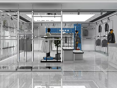 Modern Clothing Store Interior With Glass Display Racks Mannequins And Bright Space 3d model