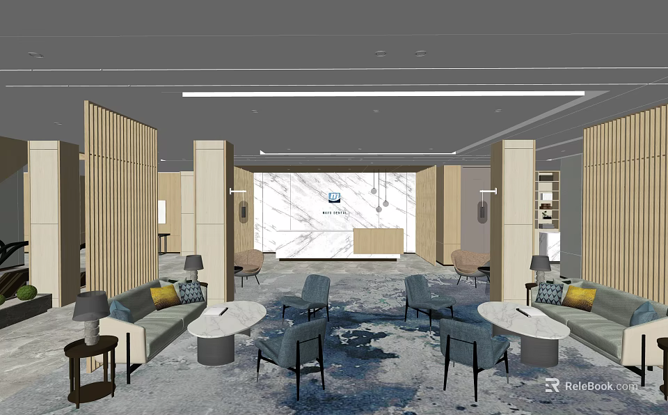 Modern Reception Area Interior With Sofas Chairs Round Tables Carpet And Decorative Wall 3d model 