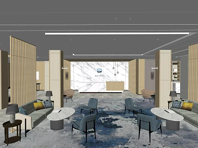 Modern Reception Area Interior With Sofas Chairs Round Tables Carpet And Decorative Wall 3d model