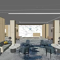 Modern Reception Area Interior With Sofas Chairs Round Tables Carpet And Decorative Wall 3d model