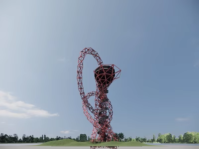 Red Spiral Structure Observation Deck on Top With Blue Sky and Green Landscape 3d model