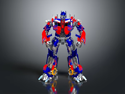 Robot Character with Blue Red Silver Mechanical Structure Standing Pose on Reflective Surface 3d model