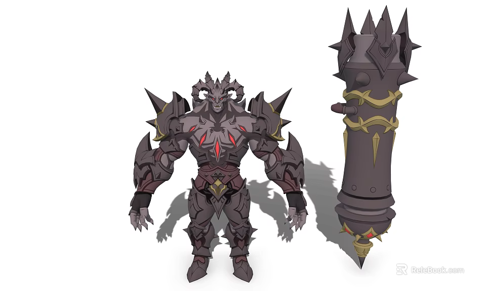 Game and Movie Character in Black Spiked Armor With Red Accents and Columnar Weapon Featuring Golden Decorations 3d model 