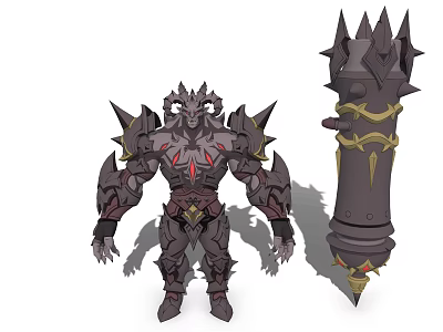Game and Movie Character in Black Spiked Armor With Red Accents and Columnar Weapon Featuring Golden Decorations 3d model